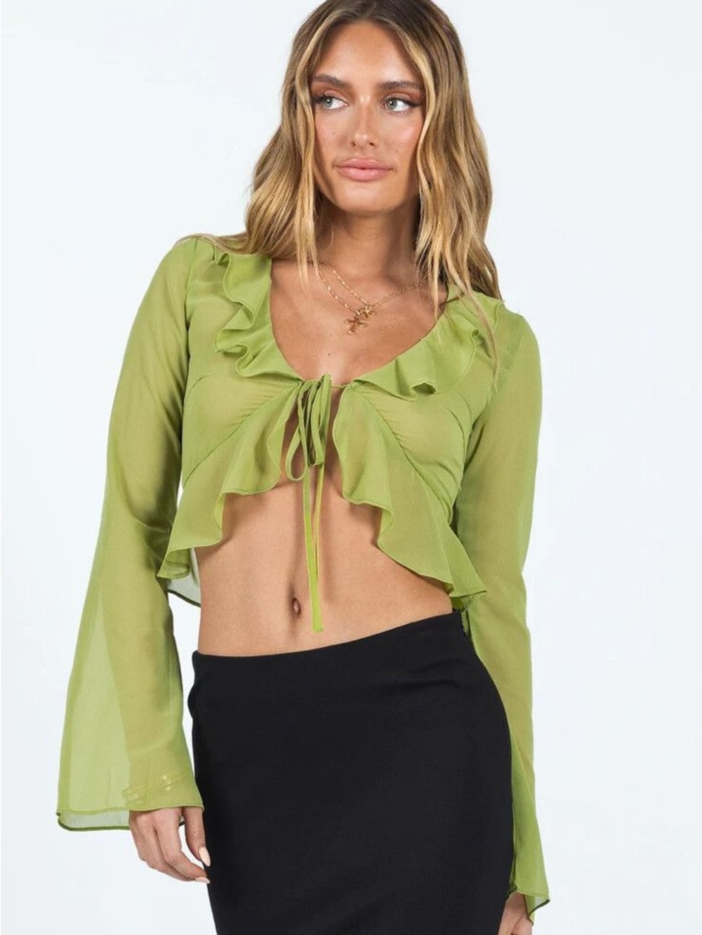 NWT Princess Polly Gylda Top US 2 Green Ruffle Bell Sleeve Y2K Fairycore Blouse